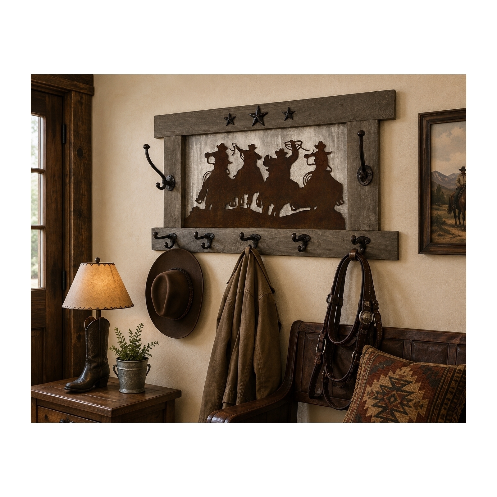 Barnwood Cowboy Coat Hat & Tack Rack